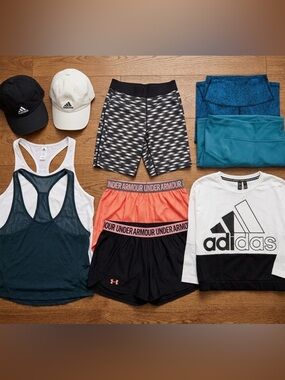 11 piece Bundle of Women’s Athletic Shorts, Leggings, Hats (Small / Medium)